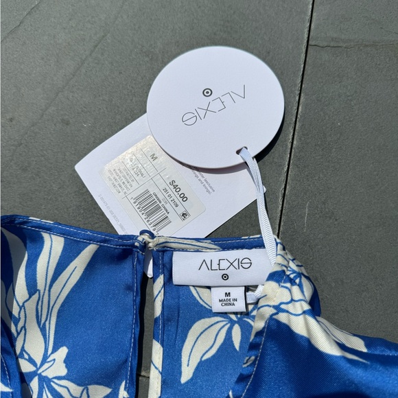 NWT ALEXIS Silky Blue Mini Dress Floral Print Long Balloon Sleeves Rope Tie Belt - Picture 4 of 4